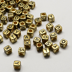 Cuentas europeas de acrílico de gran agujero chapado en oro antiguo, agujero horizontal, cubo con la letra, letras mezcladas al azar, 6x6x6mm, agujero: 4 mm, aproximamente 2950 unidades / 500 g