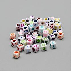 Opaque European Style Acrylic Beads, Horizontal Hole, Cube with Letters, Mixed Color, 9.5~10x9~10x9~10mm, Hole: 4mm, about 550pcs/500g