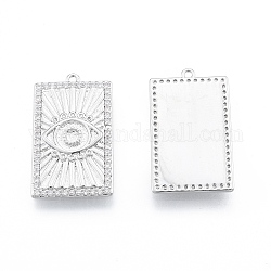 Ion Plating(IP) Brass Micro Pave Cubic Zirconia Pendant Rhinestone Settings, Rectangle with Eye, Real Platinum Plated, 22x13x2mm, Hole: 1mm, For 2mm Rhinestone