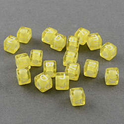 Mixed Letters Transparent Acrylic Cube Beads, Horizontal Hole, Yellow, 6x6x6mm, Hole: 3mm, about 3100pcs/500g