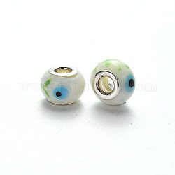 Perles européennes vernissées manuelles, perles de rondelle avec grand trou , en laiton de tonalité de platine noyaux doubles, avec les yeux motif, floral blanc, 14~16x9~10mm, Trou: 5mm