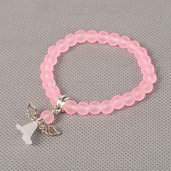 Stretchy Frosted Glass Beads Kids Charm Bracelets for Children's Day, with Tibetan Style Acrylic Findings, Lovely Wedding Dress Angel Dangle, Antique Silver, Pink, 40mm