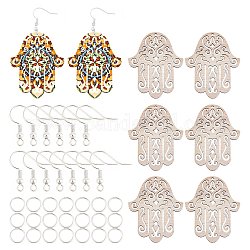 DIY Earrings Kits, with Undyed Wooden Pendants, Silver Plated Brass Earring Hooks, Hamsa Hand/Hand of Fatima /Hand of Miriam, BurlyWood, 48x40x2mm, Hole: 1.5mm
