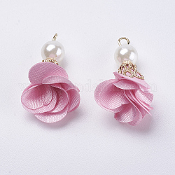 Decoraciones colgantes de nylon, con fornituras de hierro, Y cuentas de perlas de acrílico, flor, la luz de oro, rosa, 30x27mm, agujero: 2 mm