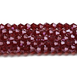 Transparent Electroplate Glass Beads Strands, Pearl Luster Plated, Faceted, Bicone, Dark Red, 4x4mm, Hole: 0.8mm, about 87~98pcs/strand, 12.76~14.61 inch(32.4~37.1cm)