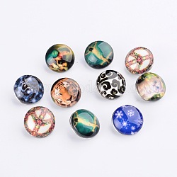 Laiton rond boutons bijoux snap plats mixtes, avec résine / cabochons de verre, couleur mixte, 18x6~7mm, Bouton: 5~5.3 mm