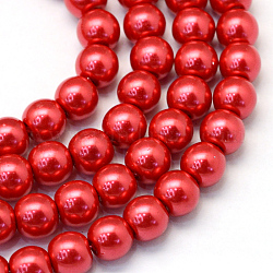 Baking Painted Pearlized Glass Pearl Round Bead Strands, Crimson, 8~9mm, Hole: 1mm, about 105pcs/strand, 31.4 inch