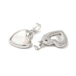 Ciondoli cuore guscio bianco naturale, ciondoli a forma di cuore d'amore in ottone, platino, 16x13x2.5mm, Foro: 5x3 mm