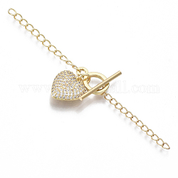 Brass Micro Pave Clear Cubic Zirconia Chain Extender, with Toggle Clasps, Ring with Heart, Nickel Free, Real 18K Gold Plated, 85mm, Ring: 14.5mm long, 10mm wide, 2mm thick, Bar: 4.5mm long, 21.5mm wide, 2mm thick