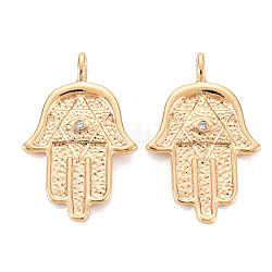 Brass Micro Pave Clear Cubic Zirconia Pendants, Nickel Free, Textured, Hamsa Hand/Hand of Miriam, Real 18K Gold Plated, 23x14.5x1.5mm, Hole: 2mm