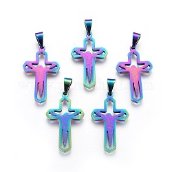 Placage ionique (ip) 304 pendentifs en acier inoxydable, pour Pâques, crucifix croix, couleur arc en ciel, 32x19x2mm, Trou: 3x7mm