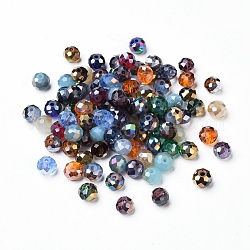 Perlas de vidrio electrochapado / imitación perlas de jade, lustre de la perla chapado, facetados, rerondana plana, color mezclado, 7.2~8.2x5.9~6.5mm, agujero: 1.4~1.5 mm