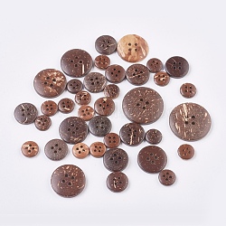 Botones de madera, 4 agujero, plano y redondo, coco marrón, 10~20x2.5~3.5mm, agujero: 1.5~2 mm