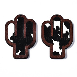 Eco-Friendly Cowhide Leather Big Pendants, with Dyed Wood, Cactus with Leopard Print, Black, 58x38x3mm, Hole: 1.6mm