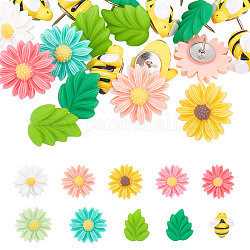 Broches de carte de fer, Broches de poussée, avec de la résine, pour le mur de photos, Plans, babillard ou panneaux de liège, fleur et abeille et feuille, couleur mixte, abeille: 18.5x18x17.5 mm, fleur: 22x22x15 mm, feuille: 20x17x13 mm, pin: 1 mm, 30 pcs / boîte, case: 70x91x28 mm