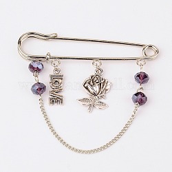 Glass Brooches for Valentine's Day, With Tibetan Style Pendants, Iron Chains and Iron Kilt Pins, Rose & Word Love, Purple, 70mm