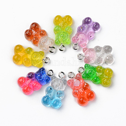 Transparent Resin Pendants, with Glitter Powder and Platinum Tone Iron Loop, Bear, Mixed Color, 21x11x7mm, Hole: 1.8mm