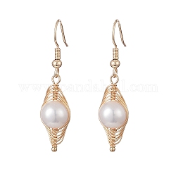 Natural Pearl Dangle Earrings, Golden Copper Wire Wrap Jewelry for Women, WhiteSmoke, 42mm, Pin: 0.6mm