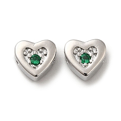 Perle di vero ottone placcato platino, con vetro, cuore, verde scuro, 7x7.5x3.5mm, Foro: 1 mm