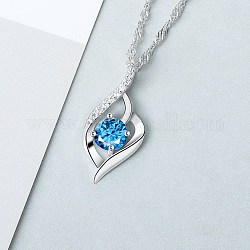 925 Sterling Silver Pendant Necklaces, with Cubic Zirconia and Box Chains, Heart, Deep Sky Blue, Platinum