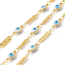 Handmade Enamel Evil Eye Link Chains, Real 18K Gold Plated Brass Hollow Rectangle Link Chains, Soldered, with Spool, Cadmium Free & Lead Free, Sky Blue, Rectangle: 9.5x3.5x1mm, Evil Eye: 9x4.5x3mm