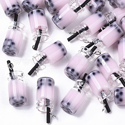 Pendenti bottiglia di vetro, con resina interno, imitazione bubble tea/tè al latte boba, perla rosa, 27x12x10mm, Foro: 1.8 mm