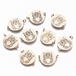 304 Stainless Steel Links Connectors, with Jump Rings, Laser Cut, Flat Round with Owl Pattern, Rose Gold, 14x17x1mm, Jump Ring: 3x0.4mm, 2.2mm inner diameter