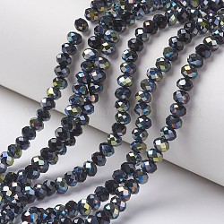 Electroplate Opaque Glass Beads Strands, Half Green Plated, Faceted, Rondelle, Black, 4x3mm, Hole: 0.4mm, about 130pcs/strand, 16.54 inch(42cm)