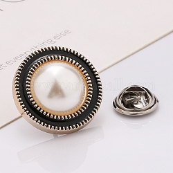 Plastic Brooch, Alloy Pin, with Enamel, Imitation Pearl, for Garment Accessories, Round, Black, 25mm