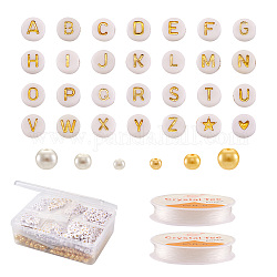 Cheriswelry diy alfabeto tema pulseras elásticas que hacen kits, Perlas de vidrio redondas y planas redondas y acrílicas 2020pcs, blanco, 4mm, agujero: 1 mm