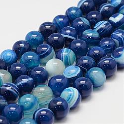 Natural Striped Agate/Banded Agate Bead Strands, Round, Grade A, Dyed, Dodger Blue, 12mm, Hole: 1mm, about 31~33pcs/strand, 14.5 inch