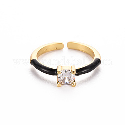 Anillos de brazalete de latón esmaltado, anillos abiertos, anillos de solitario, con un claro zirconia cúbico, sin níquel, plano y redondo, dorado, negro, nosotros tamaño 7 (17.3 mm)