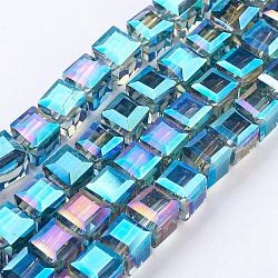 Abalorios de vidrio electrochapado, arco iris chapado, facetados, cubo, medio turquesa, 7x7x7mm, agujero: 1 mm