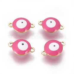 Ion Plating(IP) 304 Stainless Steel Enamel Links connectors, Flat Round with Evil Eye, Golden, Hot Pink, 14.5x10x4.5mm, Hole: 1.4mm