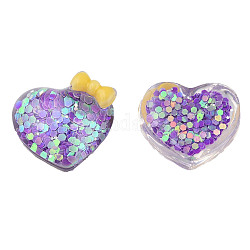 Cabochons transparents en résine époxy, avec paillettes, coeur avec bowknot, bleu violet, 16x18x9mm