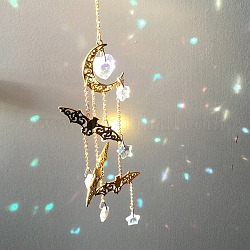 Ornamenti pendenti in lega di pipistrello di Halloween e luna, acchiappasole in vetro con nappa stella/cuore per decorazioni domestiche, oro, 400~600mm