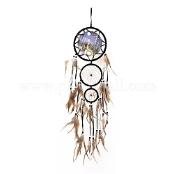 Web/rete intrecciata in abs stile indiano con decorazioni pendenti in piume, con perline in legno e abs, ricoperto di villi e cordone di cotone, rotondo e piatto, modello di lupo, 730~743mm