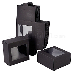 Boîte de papier kraft créative pliable, boîtes de faveur de mariage, boîte de faveur, boîte cadeau en papier, avec fenêtre transparente en plastique, rectangle, noir, 12x12x6 cm