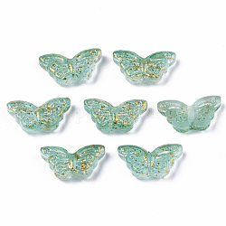 Perlas de vidrio pintado en aerosol transparente, con la hoja de oro, mariposa, verde mar medio, 8x15x4mm, agujero: 1 mm