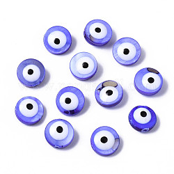 Natural Freshwater Shell Beads, with Enamel, Dyed, Flat Round with Evil Eye, Mauve, 8x3~4mm, Hole: 0.8mm