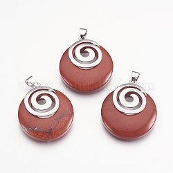 Pendentifs de jaspe rouge naturel, avec les accessoires en laiton de tonalité de platine, plat rond, 32x28x6mm, Trou: 4x5mm