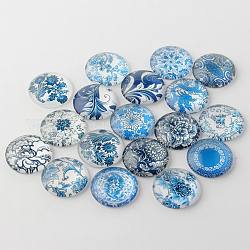 Azul y blanco florales impresos cabuchones de vidrio, medio redondo / cúpula, acero azul, 10x4mm