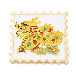 Wavy Rectangle with Dragon Enamel Pins, Light Gold Plated Alloy Brooch, Chinese Style Zodiac Sign Badge, Yellow, 30x30x1.5mm