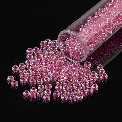 Perline di semi di vetro rotonde di grado 8/0, colori all'interno trasparenti, ab colore placcato, rosa caldo, 3x2mm, Foro: 1 mm, circa 10000pcs/libbra