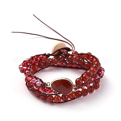 Bracelets enroulés de perles de verre à facettes et de cornaline naturelle (teints et chauffés), avec cordon en cuir de vachette et toile de jute, larme, 570x7mm