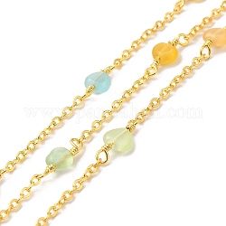 Handmade Cat Eye Beaded Chains, Real 18K Gold Plated Brass Cable Chains, with Spool, Cadmium Free & Lead Free, Heart, Mixed Color, Link Chain: 14x6x3mm, Heart: 14x6x3mm