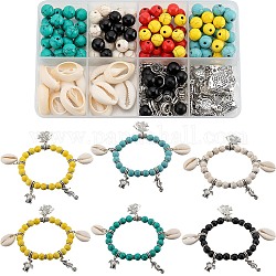 Sunnyclue kit de fabrication de bracelets sur le thème de l'océan, y compris des perles rondes en coquillage naturel et en turquoise synthétique, Pendentifs en alliage, tortue, hippocampe et poisson, couleur mixte, 260 pcs / boîte