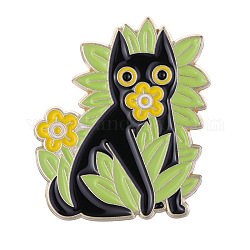 Cat with Plant Enamel Pin, Alloy Animal Brooch for Clothes Backpack, Lime Green, 30x26.7mm