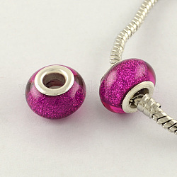 Large Hole Resin European Beads, with Silver Color Plated Brass Double Cores, Rondelle, Magenta, 14x9mm, Hole: 5mm