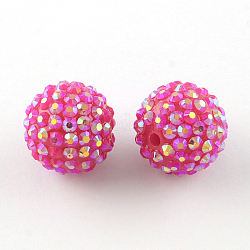 Perles de strass en résine de couleur AB, avec des perles rondes acryliques à l'intérieur, pour les bijoux de bubblegum, magenta, 14x12mm, Trou: 2~2.5mm
